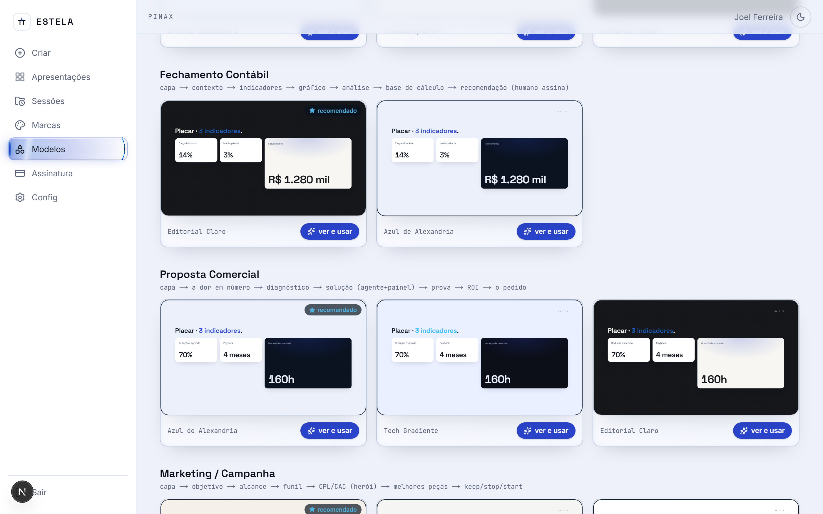 Pínax's template gallery with 24 templates across 11 themes